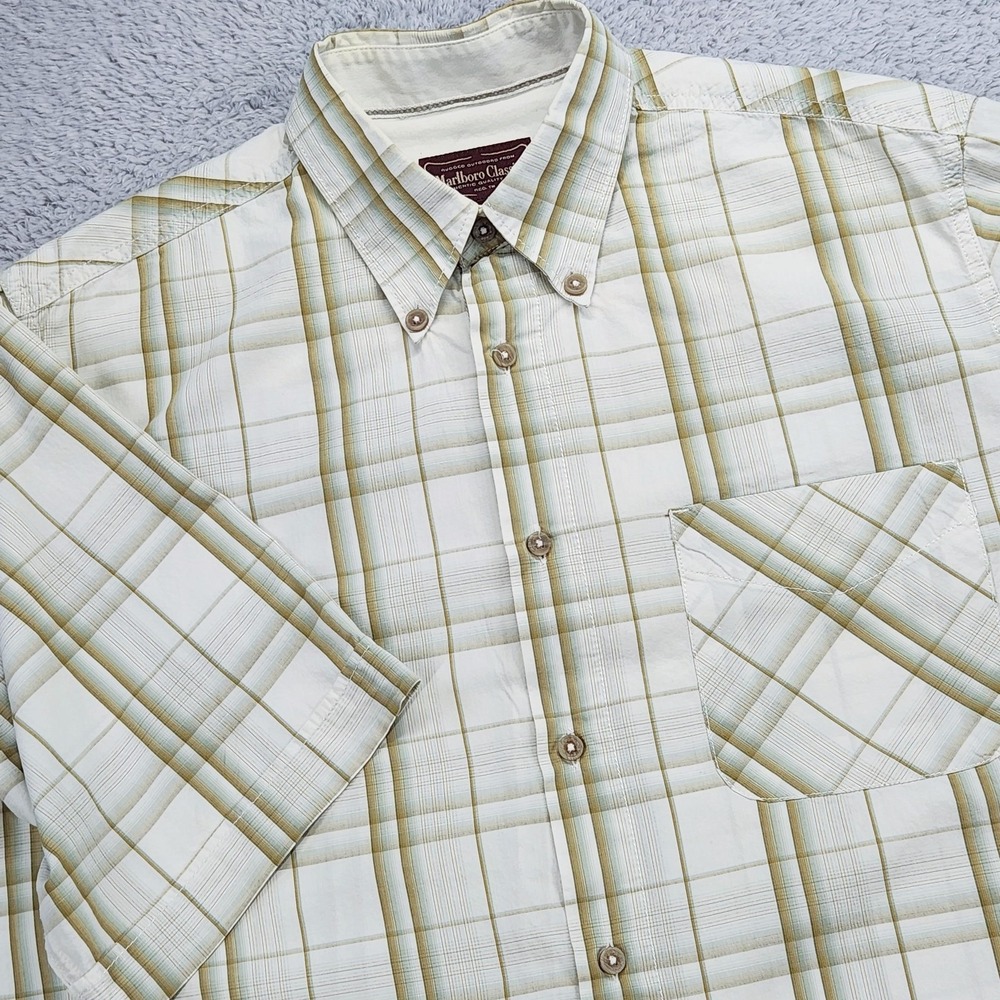 Marlboro Classics Shirt Mens Large Vintage Off White Plaid S/S Button Up Cotton
